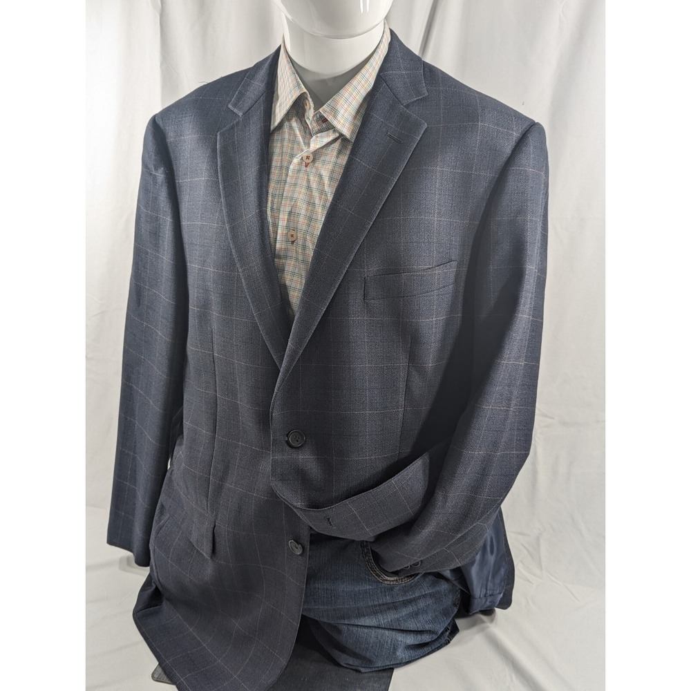 Joseph Feiss Gold 100% Wool Blazer Sport Coat Jacket Pale Blue Windowpane 46L
